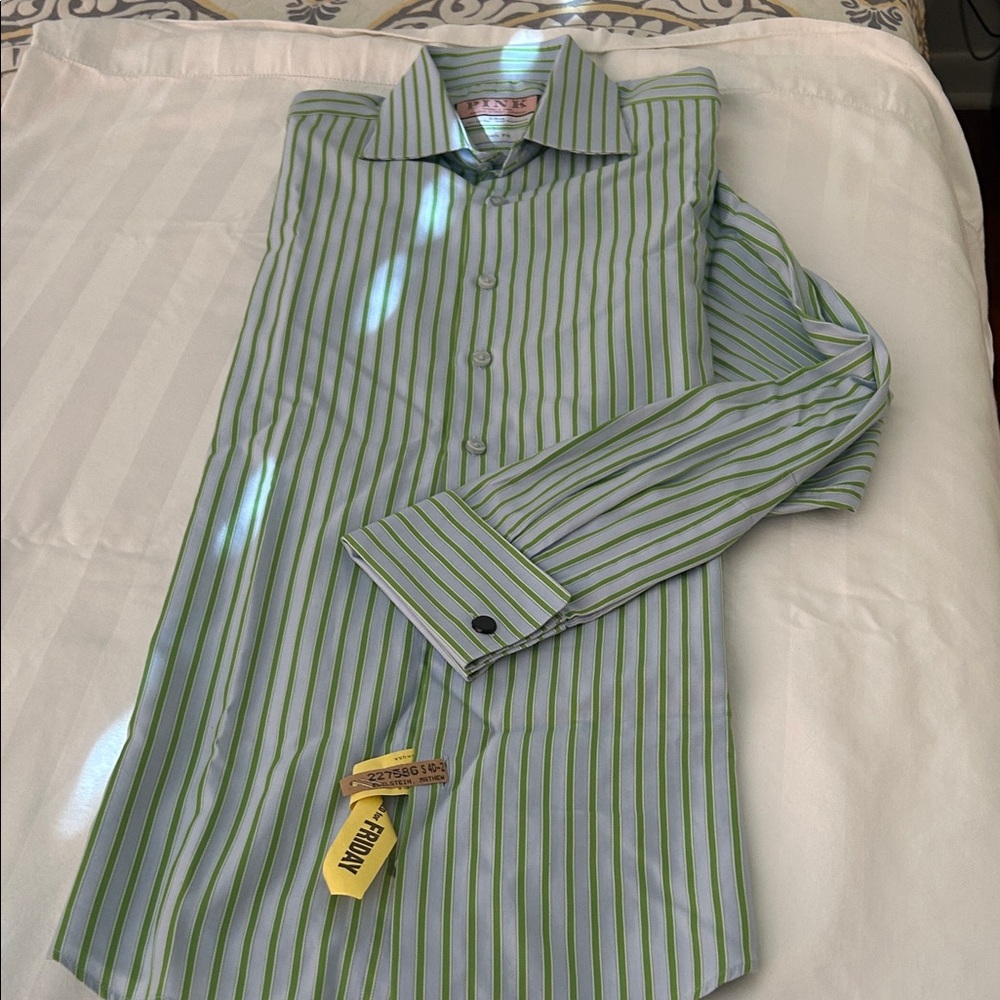 Thomas Pink Green and White Striped Dress Shirt